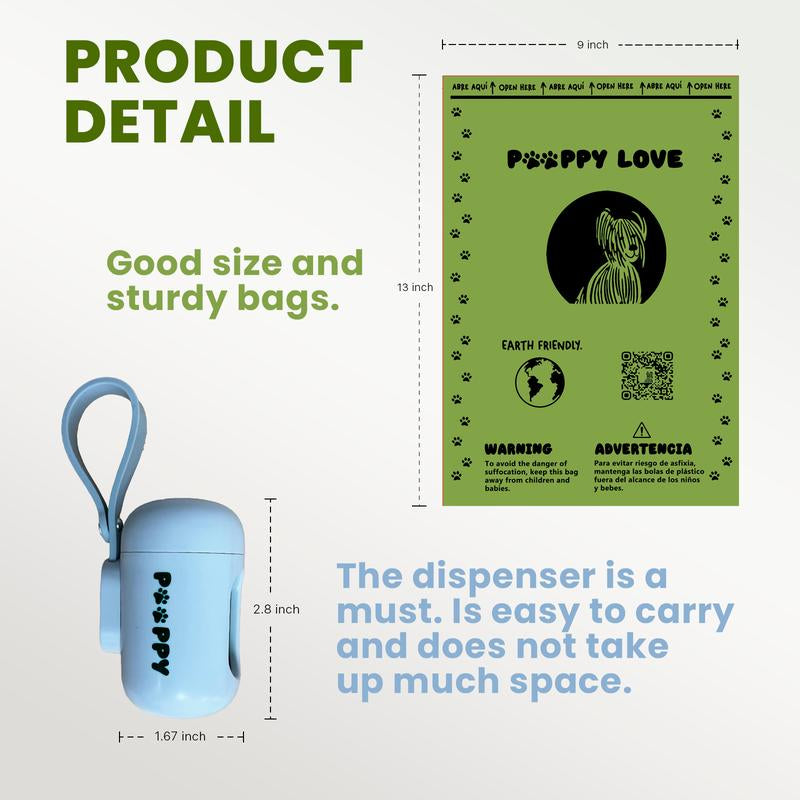 "Pooppy Love: Biodegradable Dog Poop Bag Rolls (270 Pcs, 9"X13"), Extra Thick (17 Micron), Leak-Proof, Unscented. Includes Dispenser and Clip. Ideal for Puppies and Dogs. Replacement Rolls for Pet Waste Management."